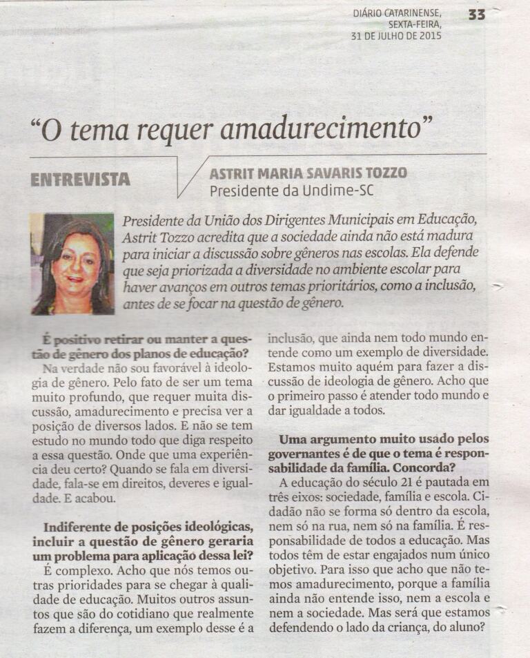Presidente da Undime/SC fala sobre a questão de gênero nas escolas