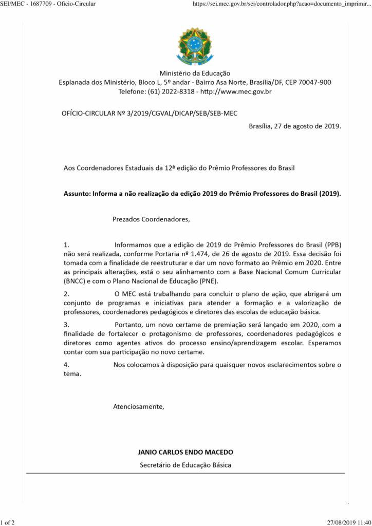MEC anuncia o cancelamento do 12º Prêmio Professores do Brasil