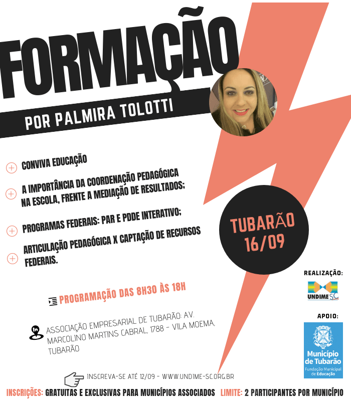 Undime-SC promove Formação com Palmira Tolotti em Rio Negrinho e Tubarão, garanta já a sua vaga!