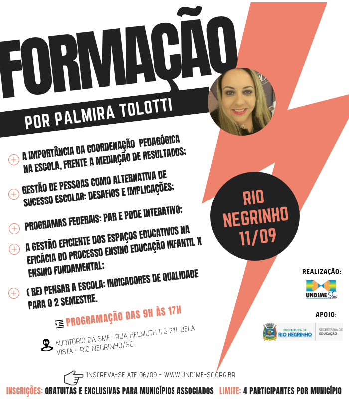 Undime-SC promove Formação com Palmira Tolotti em Rio Negrinho e Tubarão, garanta já a sua vaga!