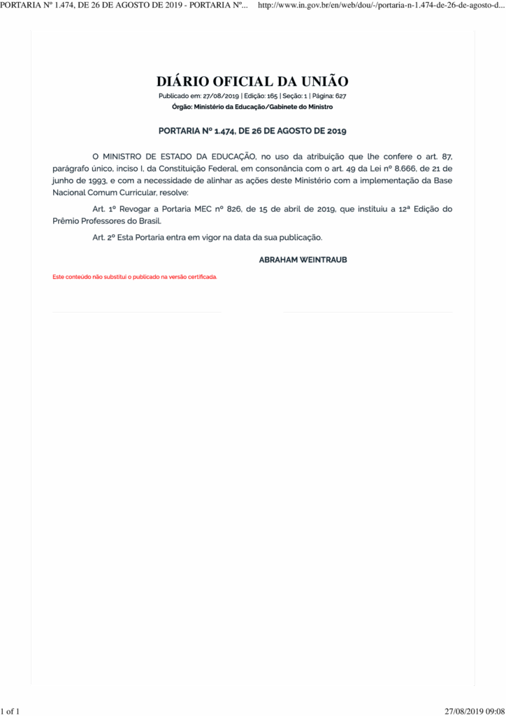 MEC anuncia o cancelamento do 12º Prêmio Professores do Brasil
