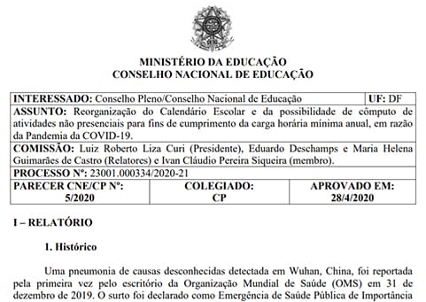 CNE divulga parecer com orientações sobre a reorganização do calendário escolar e atividades pedagógicas não presenciais em razão da pandemia da Covid-19