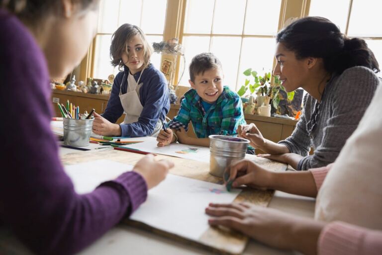Teacher and students in art class