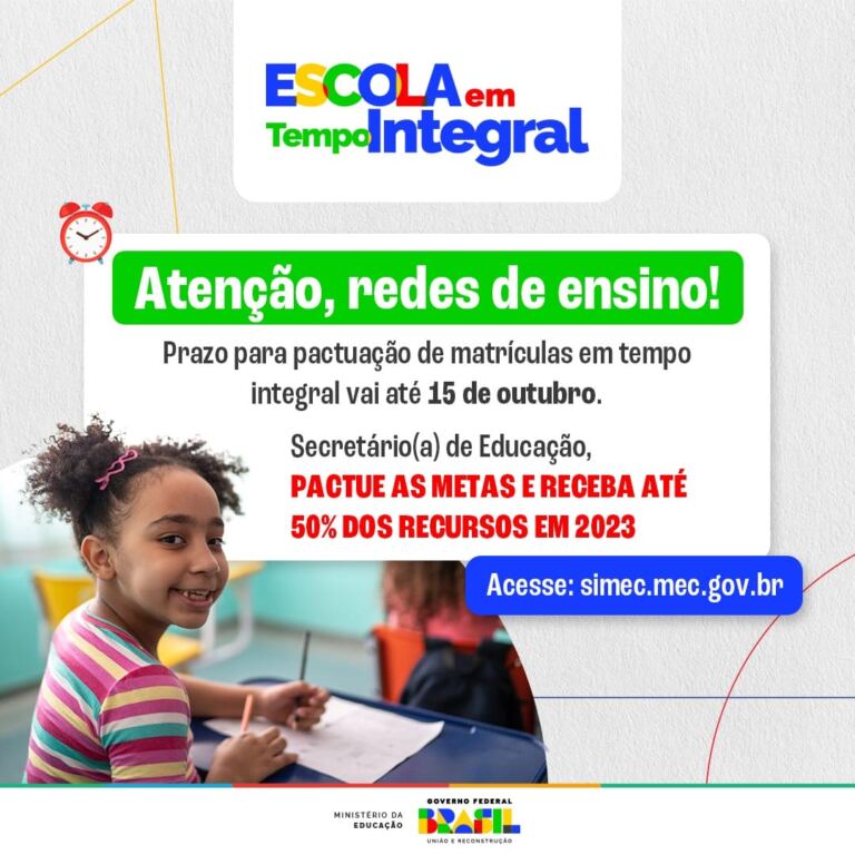 Redes têm até 15 de outubro para pactuar matrículas em tempo integral